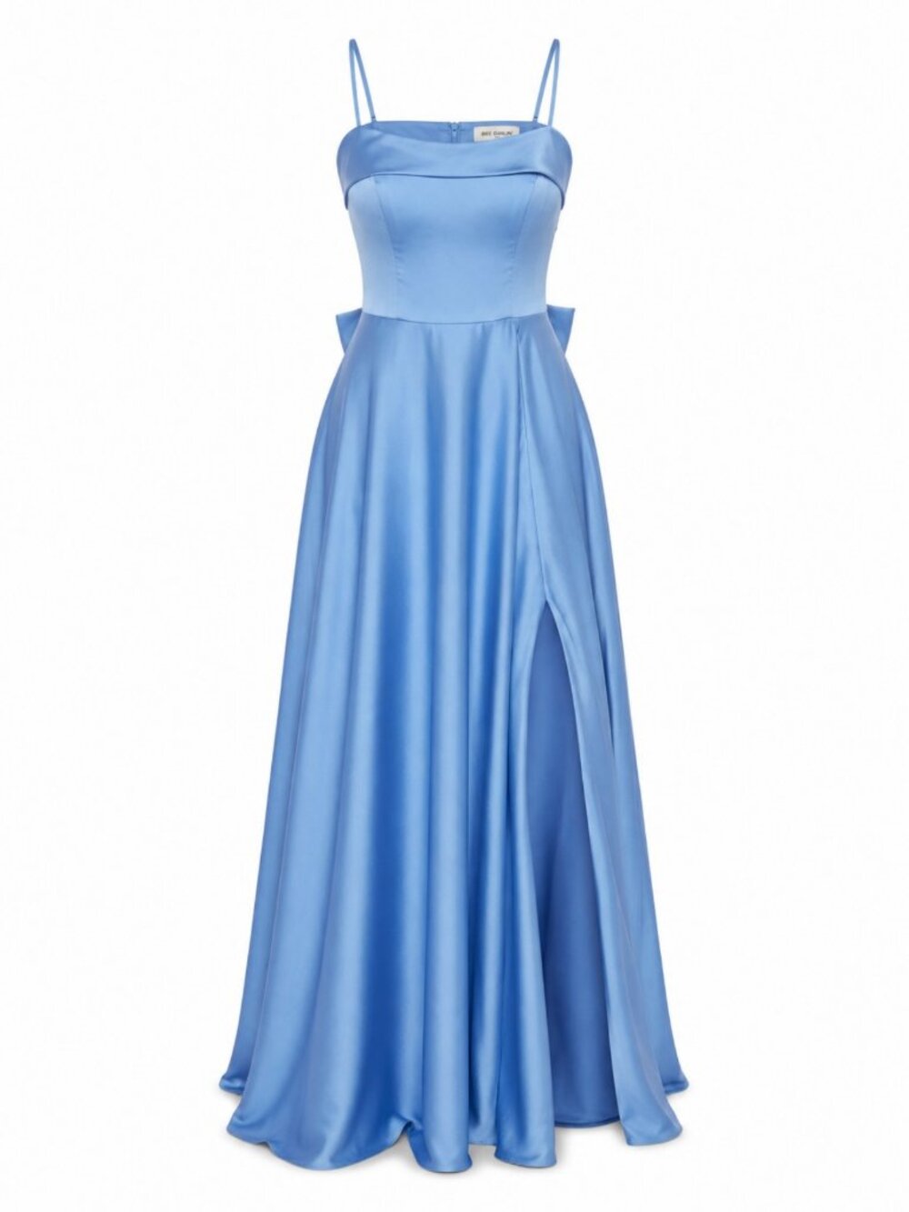 B Darlin Blue Chambray Satin Square Neck Sleeveless Bow Back Dress 4 NWT - Picture 4 of 5